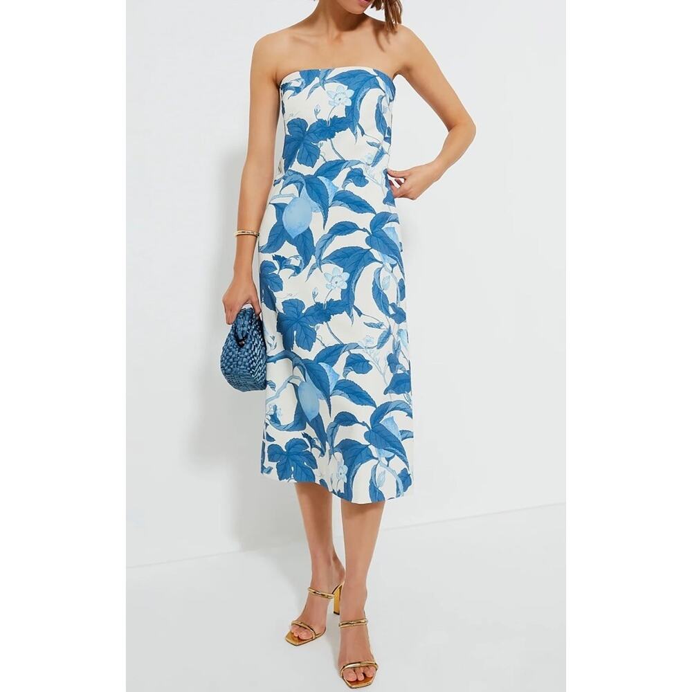 Tuckernuck Strapless Midi Dress in Blue and White Floral Print